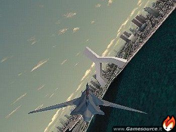 Un R-101 Delphinus, simbolo dell'avanzamento tecnologico in Ace Combat 3, sorvola un'altrettanto futuristica città.